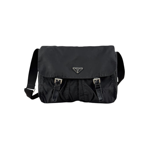 Prada Black Vela Nylon Buckle Messenger Bag
