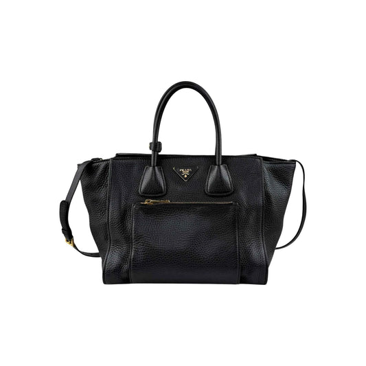 Prada Black Vitello Daino Leather Double Handle Tote Bag