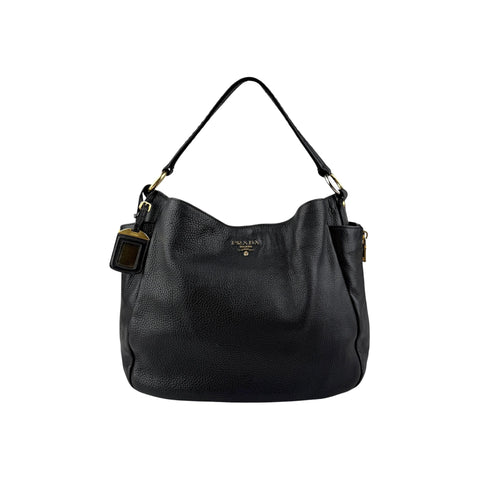 Prada Black Vitello Daino Pebbled Leather Hobo Bag