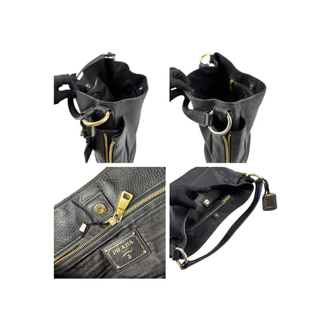 Prada Black Vitello Daino Pebbled Leather Hobo Bag