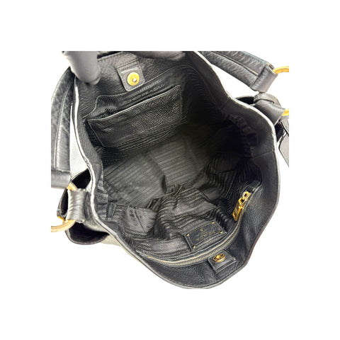 Prada Black Vitello Daino Pebbled Leather Hobo Bag