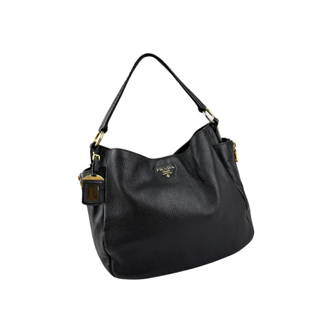 Prada Black Vitello Daino Pebbled Leather Hobo Bag