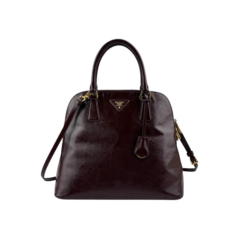 Prada Burgundy Saffiano Patent Leather Medium Promenade Satchel