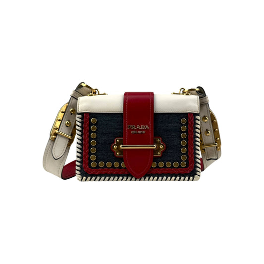 Prada Cahier Crossbody Bag Embellished Denim Leather
