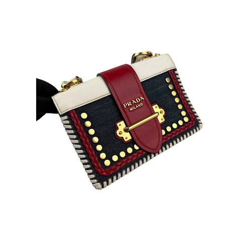 Prada Cahier Crossbody Bag Embellished Denim Leather