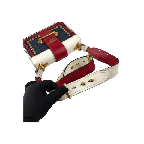 Prada Cahier Crossbody Bag Embellished Denim Leather