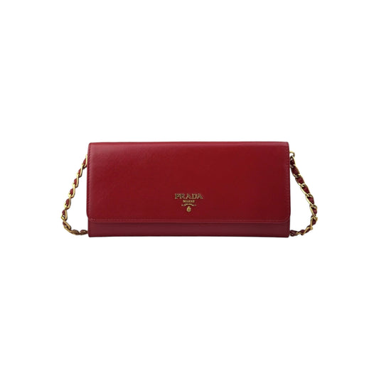 Prada Red Saffiano Metal Leather Wallet on Chain Clutch Bag
