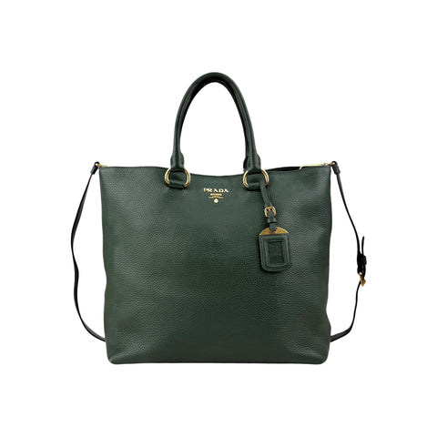 Prada Green Vitello Daino Leather Large Shopping Tote Bag