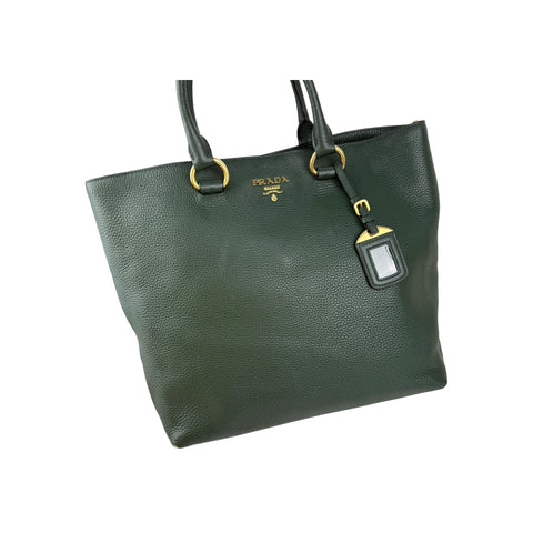 Prada Green Vitello Daino Leather Large Shopping Tote Bag