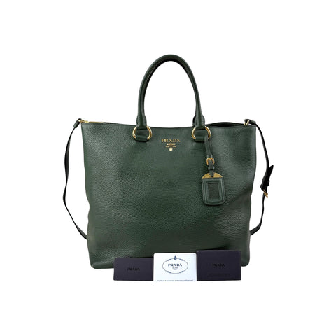 Prada Green Vitello Daino Leather Large Shopping Tote Bag