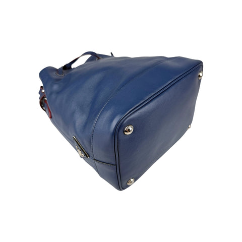 Prada Navy Leather Duet Drawstring Bucket Bag with Red Trim