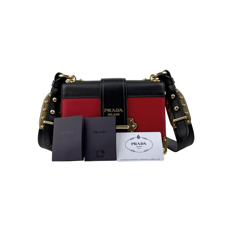 Prada Red/Black Saffiano Lux Leather Cahier Shoulder Bag