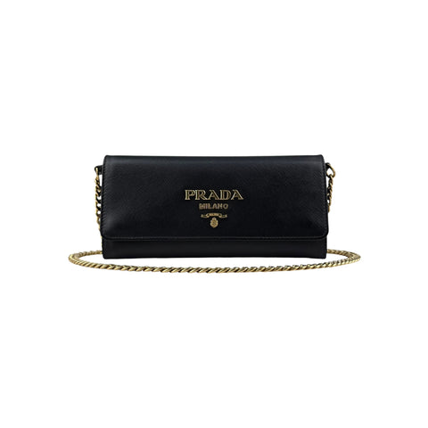 Prada Saffiano Metal Oro Chain Wallet Black