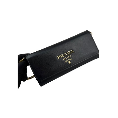 Prada Saffiano Metal Oro Chain Wallet Black