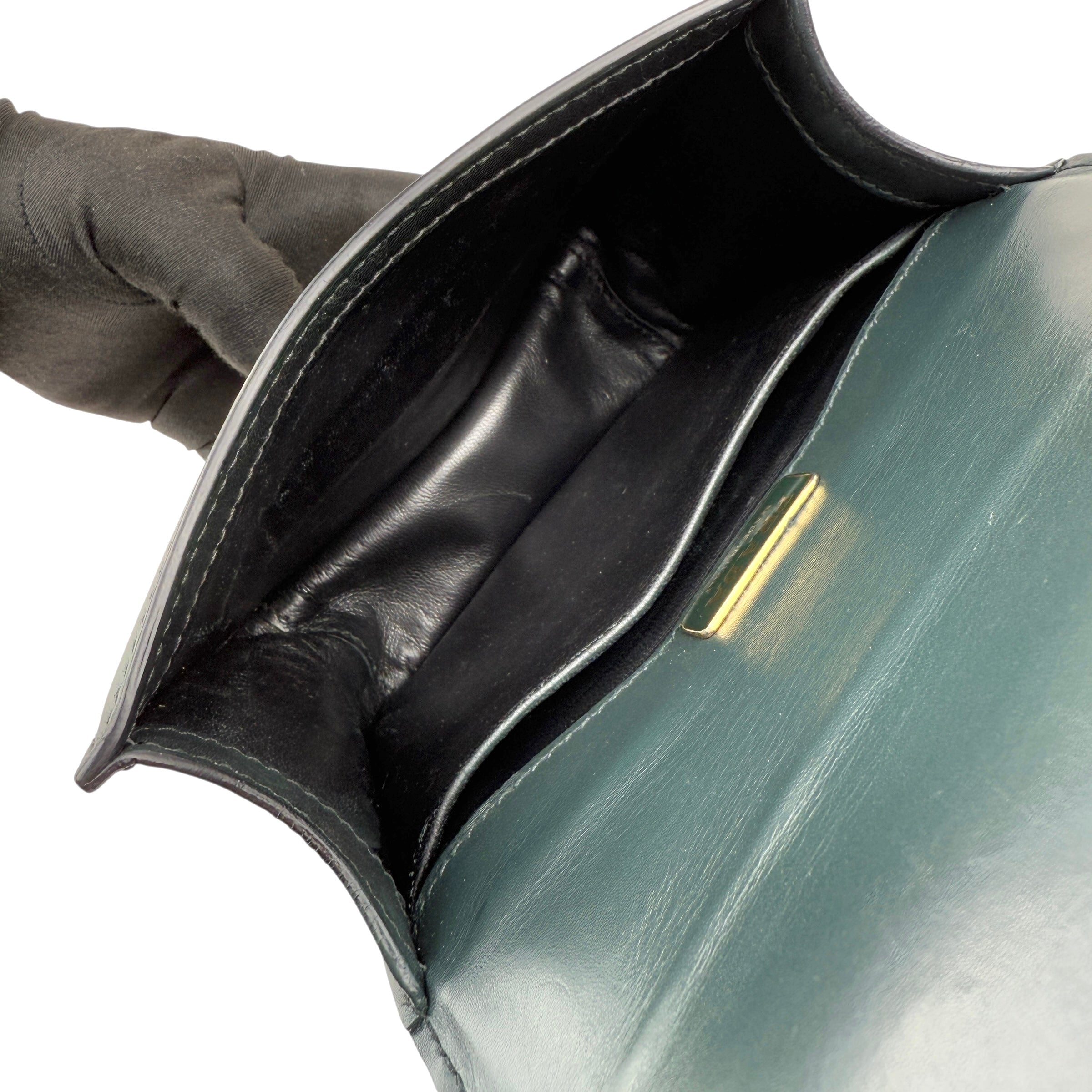 prada pionniere city green leather crossbody bag inside