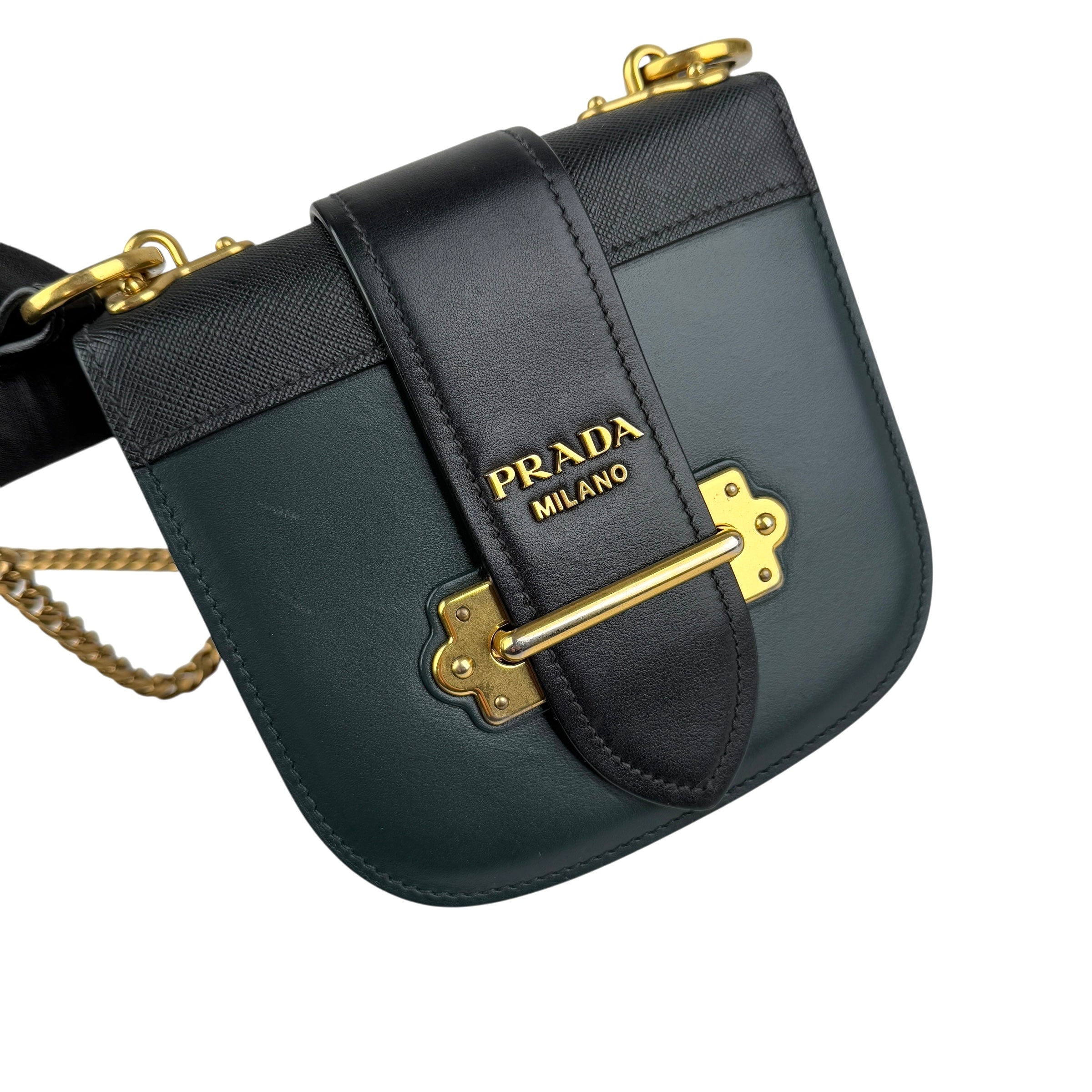 prada pionniere city green leather crossbody bag left front 45