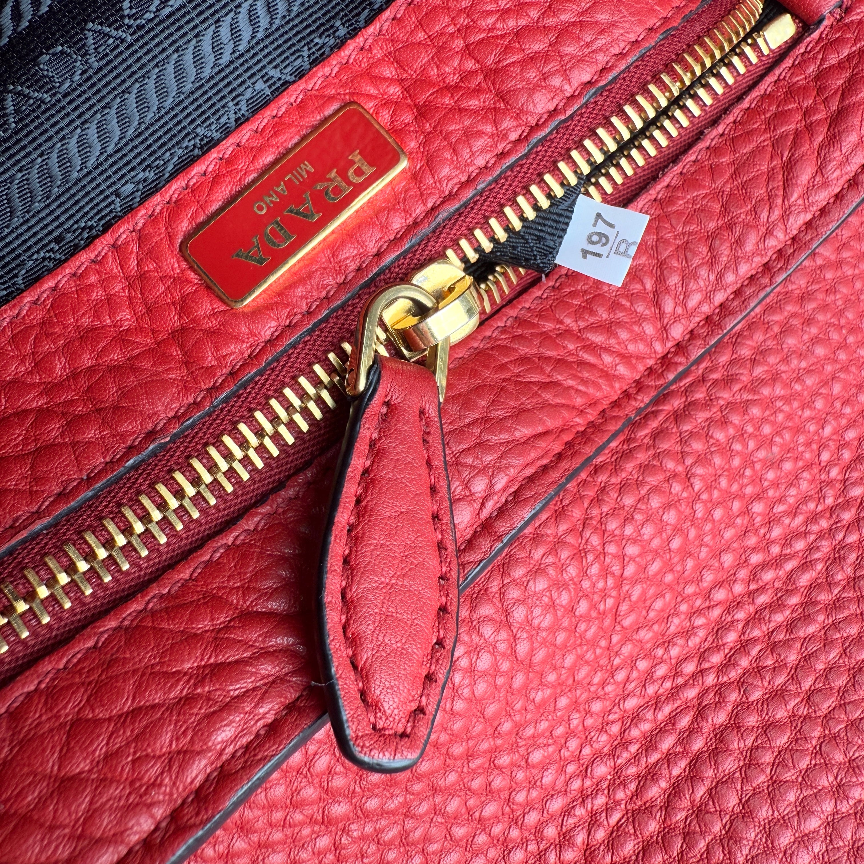 prada red leather buckle flap shoulder bag inside pocket detail
