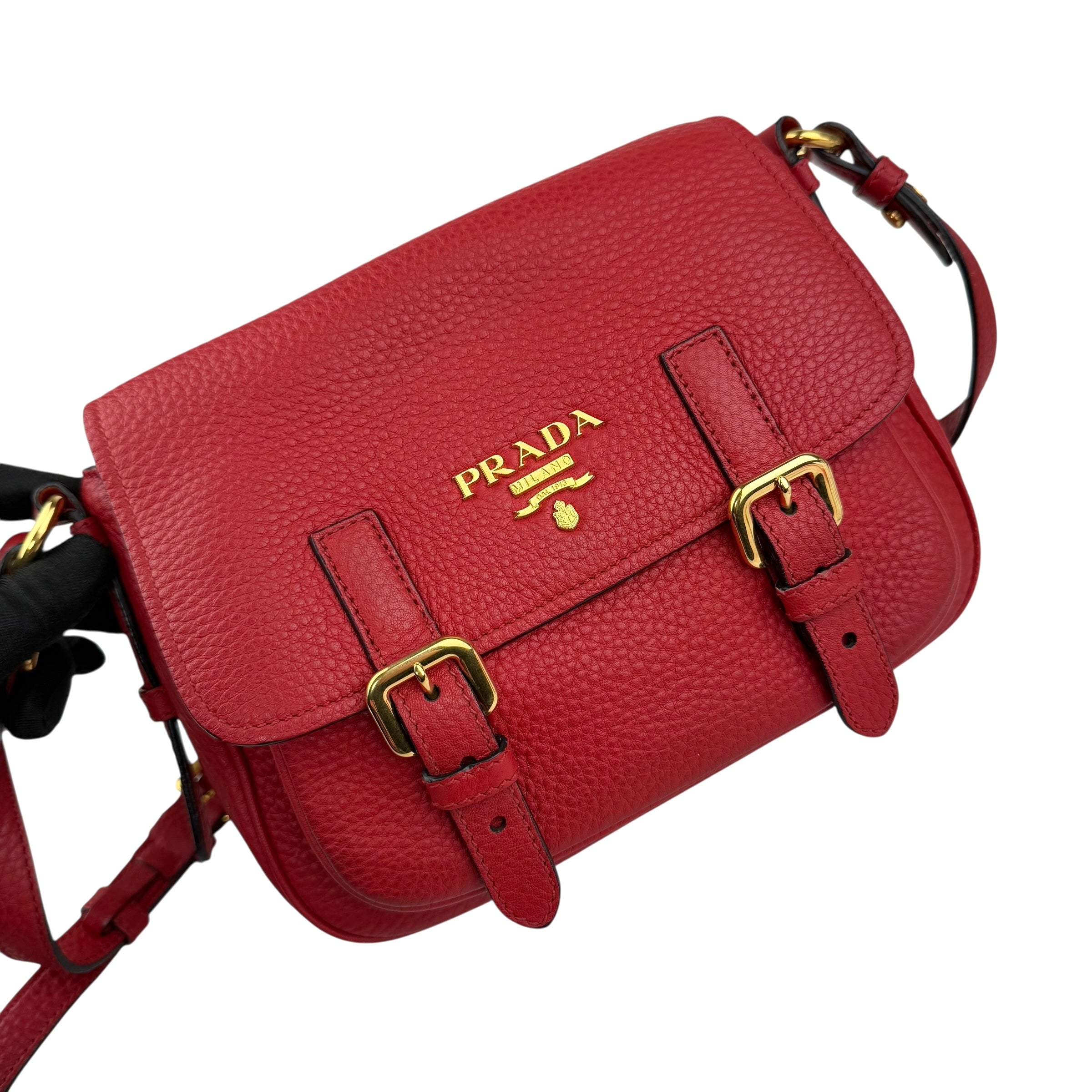 prada red leather buckle flap shoulder bag left front 45