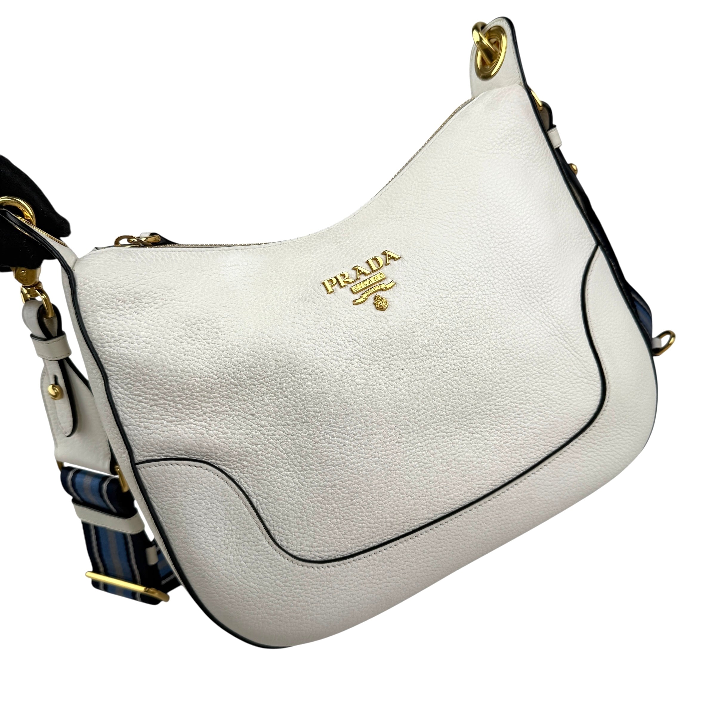 prada vitello daino zippered hobo messenger bag white left front 45