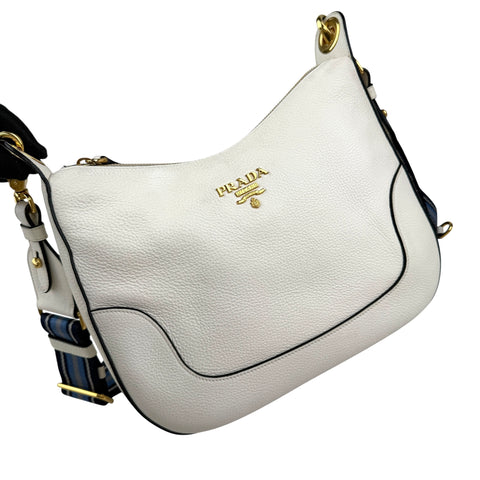 prada vitello daino zippered hobo messenger bag white left front 45
