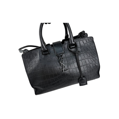 Saint Laurent Black Croc Embossed Leather Small Monogram Cabas Bag