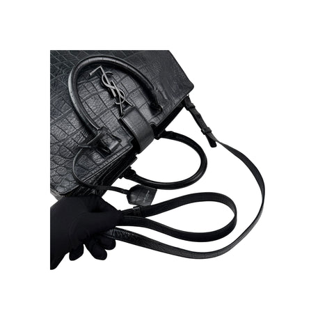 Saint Laurent Black Croc Embossed Leather Small Monogram Cabas Bag