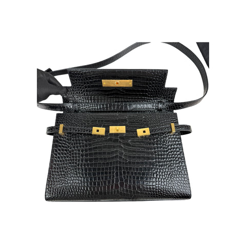 Saint Laurent Black Crocodile Embossed Patent Leather Manhattan Small Flap Bag
