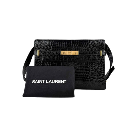 Saint Laurent Black Crocodile Embossed Patent Leather Manhattan Small Flap Bag