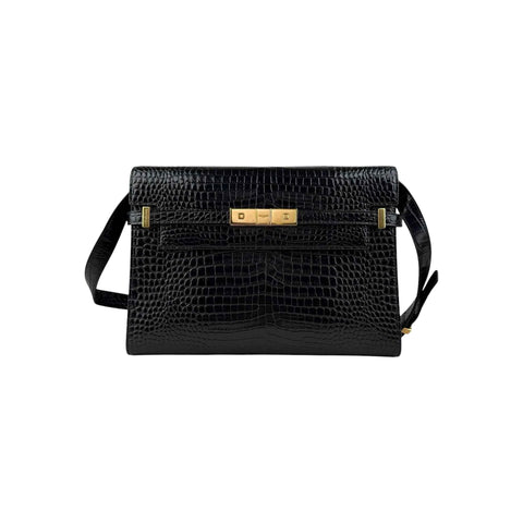 Saint Laurent Black Crocodile Embossed Patent Leather Manhattan Small Flap Bag