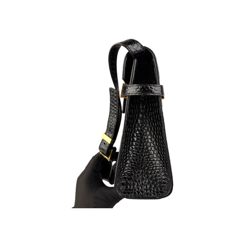 Saint Laurent Black Crocodile Embossed Patent Leather Manhattan Small Flap Bag