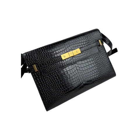 Saint Laurent Black Crocodile Embossed Patent Leather Manhattan Small Flap Bag