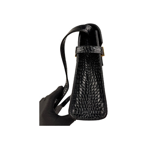 Saint Laurent Black Crocodile Embossed Patent Leather Manhattan Small Flap Bag