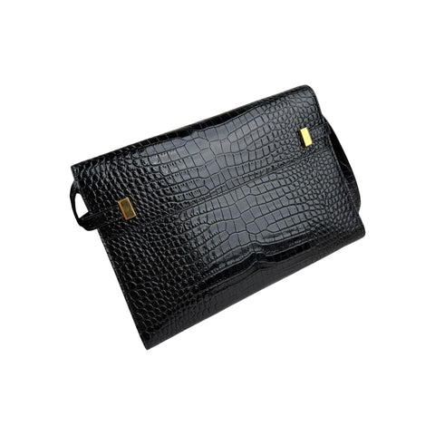 Saint Laurent Black Crocodile Embossed Patent Leather Manhattan Small Flap Bag