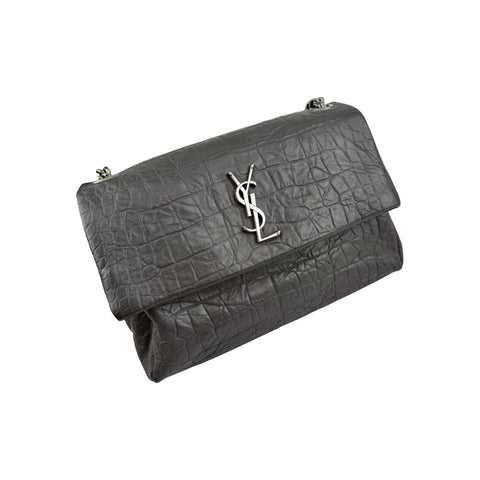 Saint Laurent Grey Croc Embossed Nubuck Medium Nikki Bag