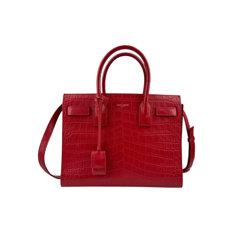 Saint Laurent Red Crocodile Embossed Leather Small Sac de Jour Tote Bag