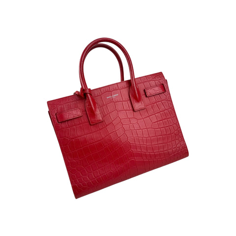 Saint Laurent Red Crocodile Embossed Leather Small Sac de Jour Tote Bag
