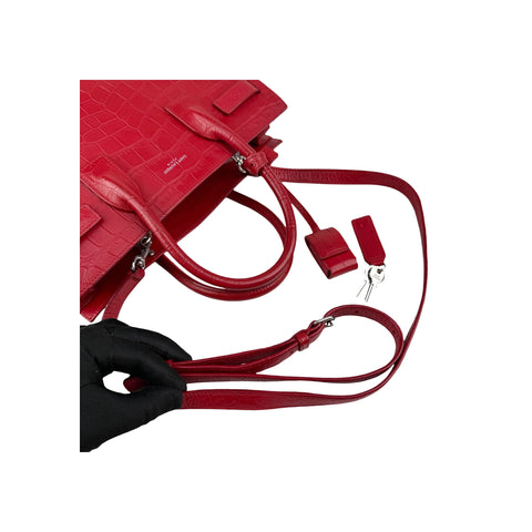 Saint Laurent Red Crocodile Embossed Leather Small Sac de Jour Tote Bag