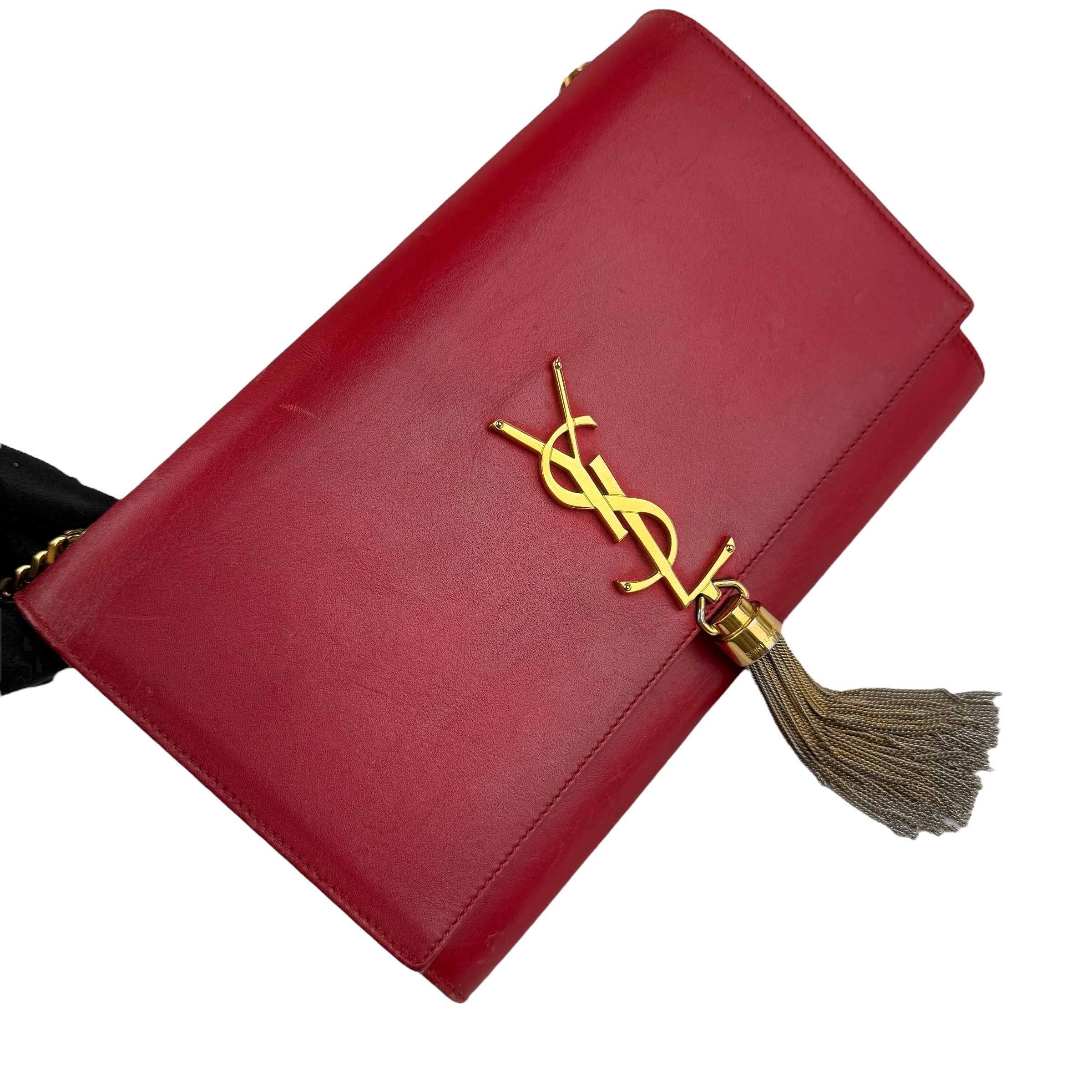 saint laurent red leather kate tassel shoulder bag left front 45