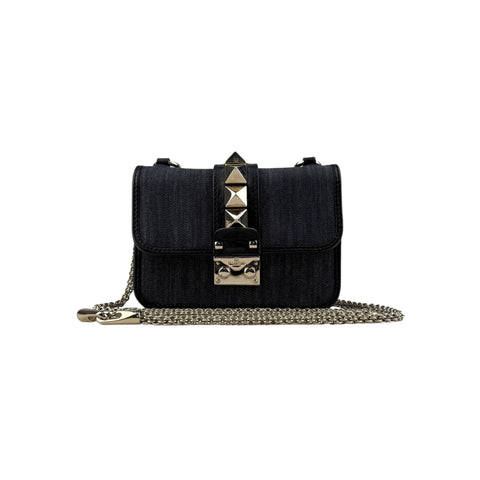 Valentino Black Denim and Leather Rockstud Glam Lock Flap Bag