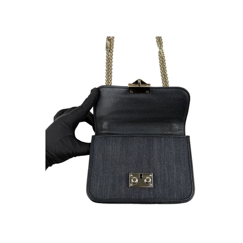 Valentino Black Denim and Leather Rockstud Glam Lock Flap Bag