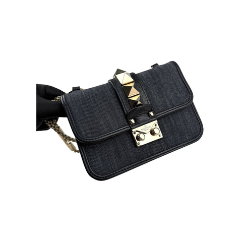 Valentino Black Denim and Leather Rockstud Glam Lock Flap Bag