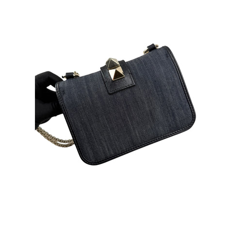 Valentino Black Denim and Leather Rockstud Glam Lock Flap Bag