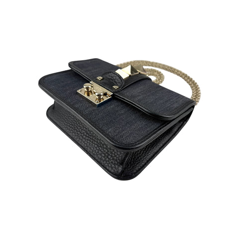 Valentino Black Denim and Leather Rockstud Glam Lock Flap Bag