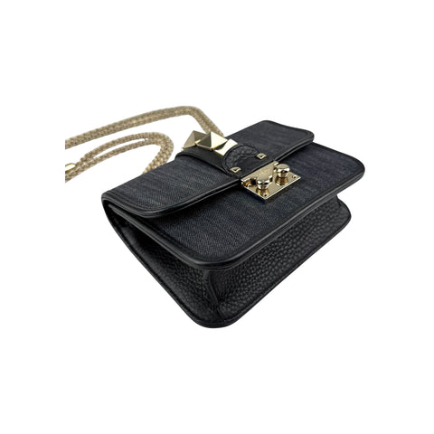 Valentino Black Denim and Leather Rockstud Glam Lock Flap Bag