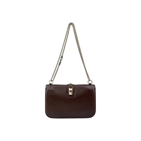Valentino Brown Leather Medium Rockstud Glam Lock Flap Bag