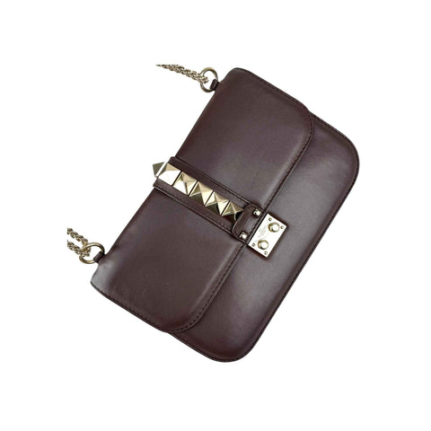 Valentino Brown Leather Medium Rockstud Glam Lock Flap Bag