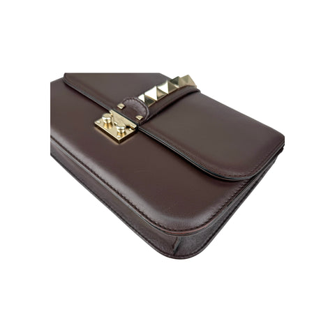 Valentino Brown Leather Medium Rockstud Glam Lock Flap Bag