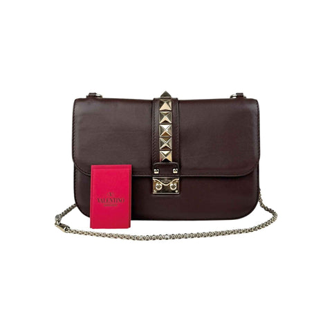 Valentino Brown Leather Medium Rockstud Glam Lock Flap Bag