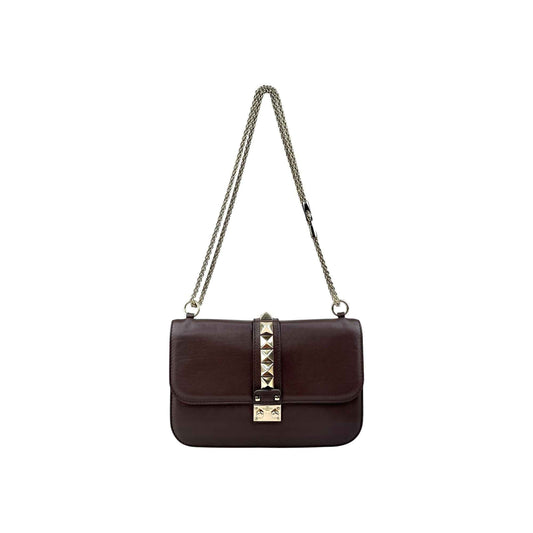 Valentino Brown Leather Medium Rockstud Glam Lock Flap Bag