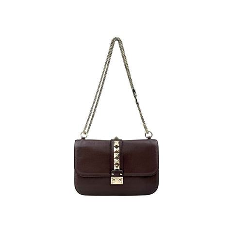 Valentino Brown Leather Medium Rockstud Glam Lock Flap Bag